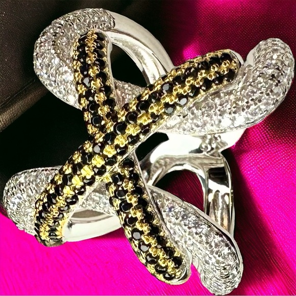 NEW Yellow & Black High Carbon Lab Sapphire Simulant Lace Up Wide Statement Ring - Picture 11 of 16